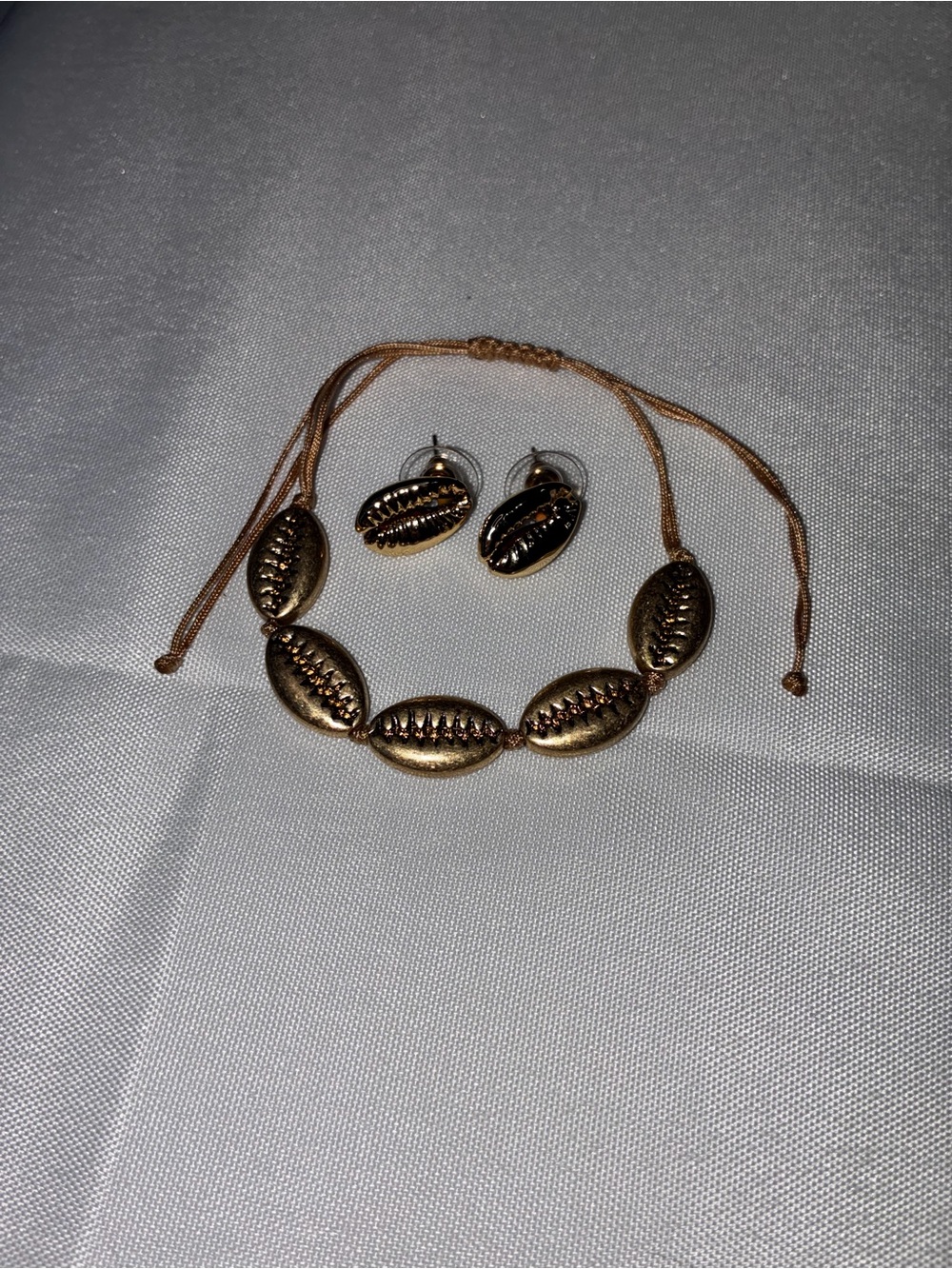 Gold Cowrie Shell Jewelry Set | Adjustable Cord Bracelet & Stud Earrings - Picture 6 of 6